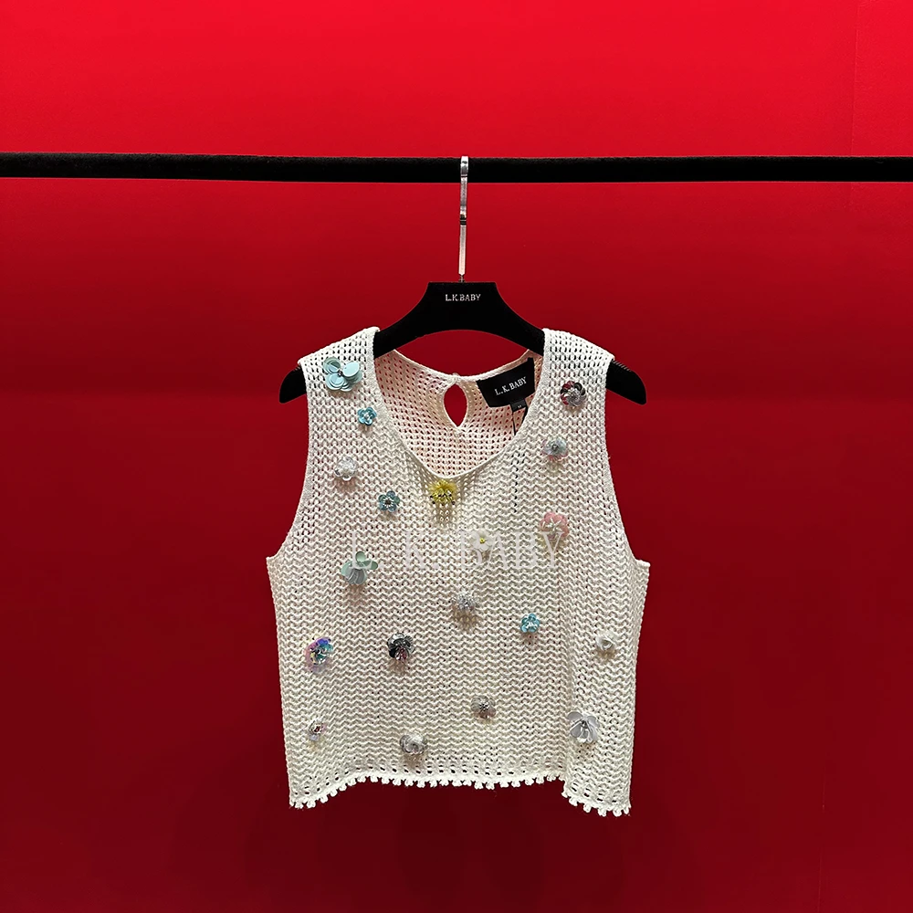 【L.K.BABY】心花怒放 时髦设计感彩色亮片花朵镂空马甲背心