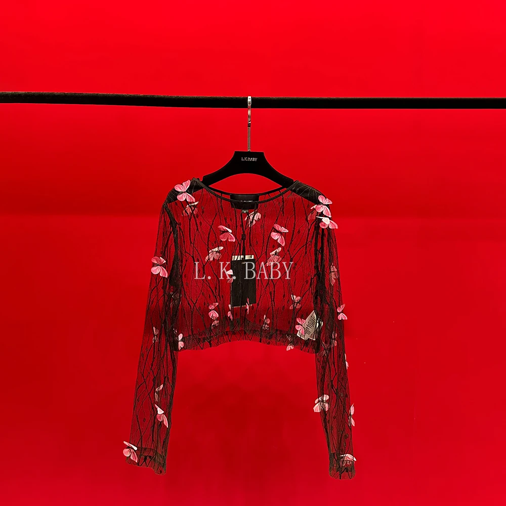 【L.K.BABY】梦中蝴蝶  时尚性感3D立体蝴蝶蕾丝透视衫