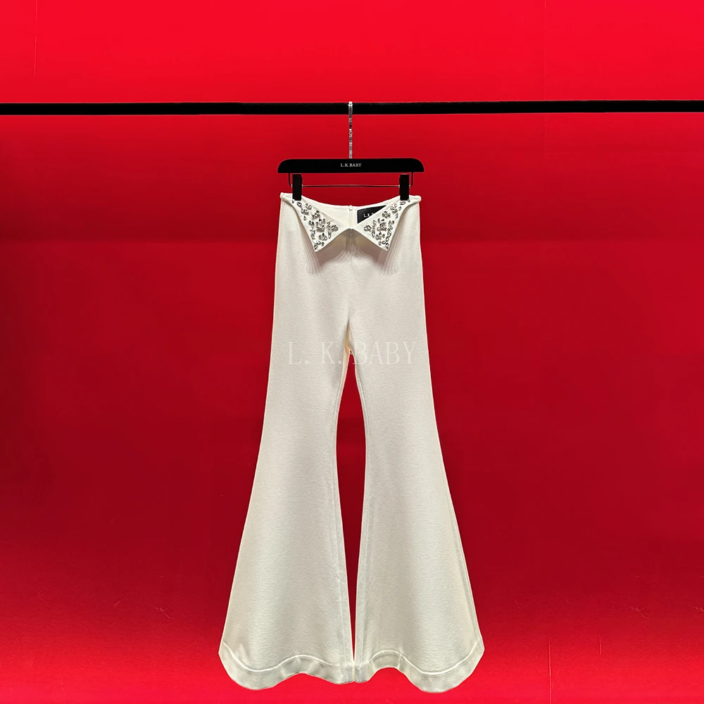 【L.K.BABY】迷人精  时尚垂感重工镶钻修身显瘦百搭高腰喇叭裤