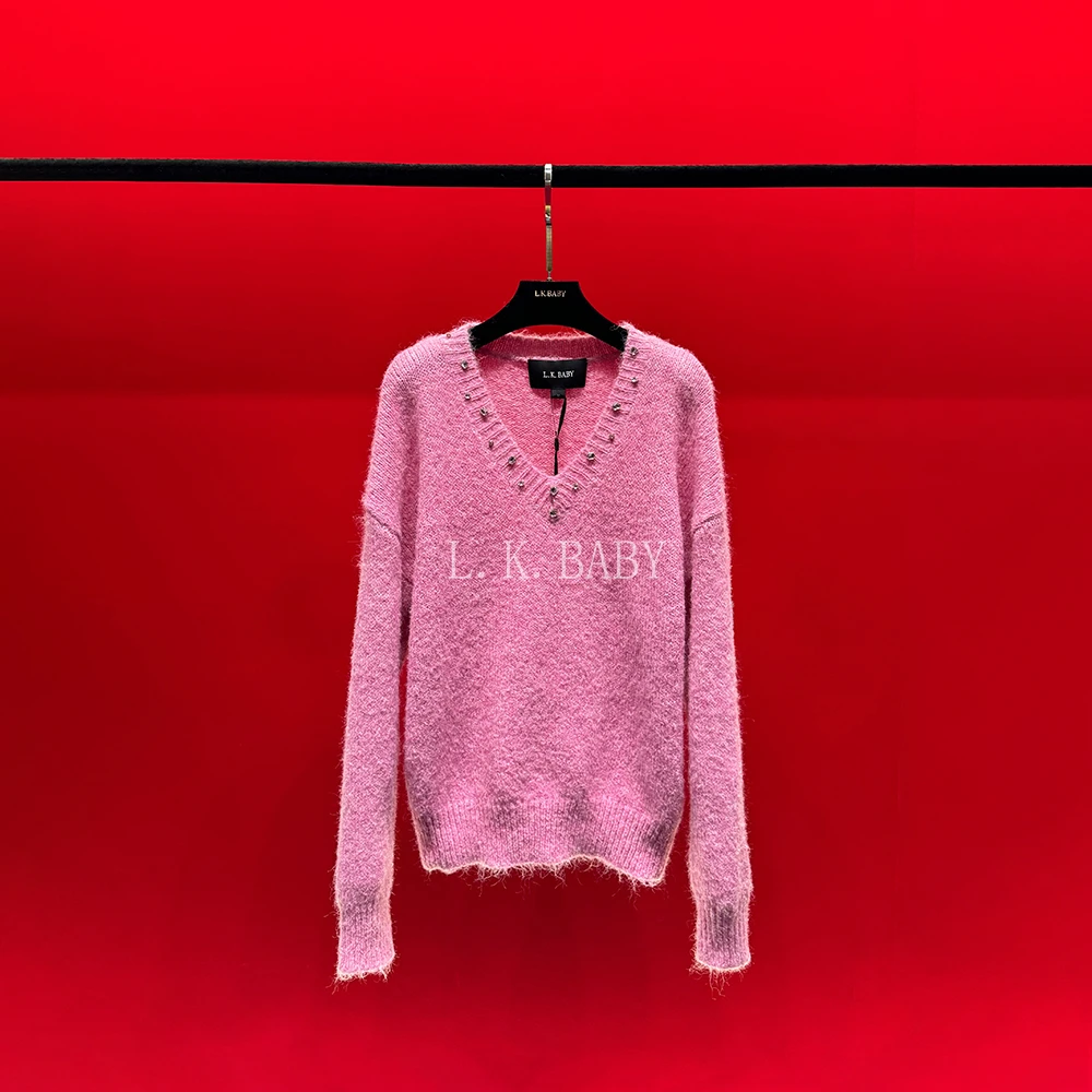 【L.K.BABY】温柔可人  法式浪漫重工钉钻V领毛衣