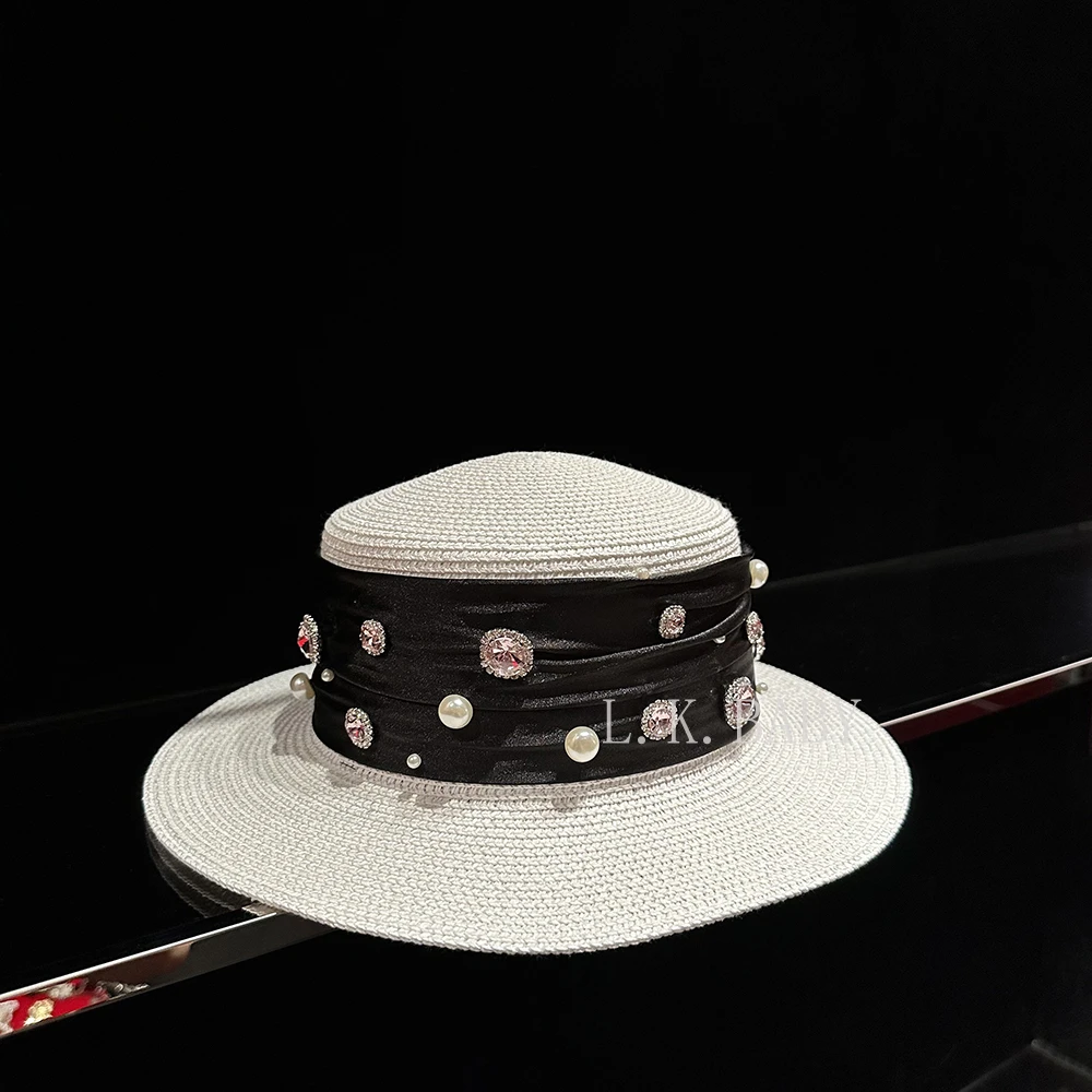 【L.K.BABY】法式名媛珍珠褶皱草编沙滩平顶帽
