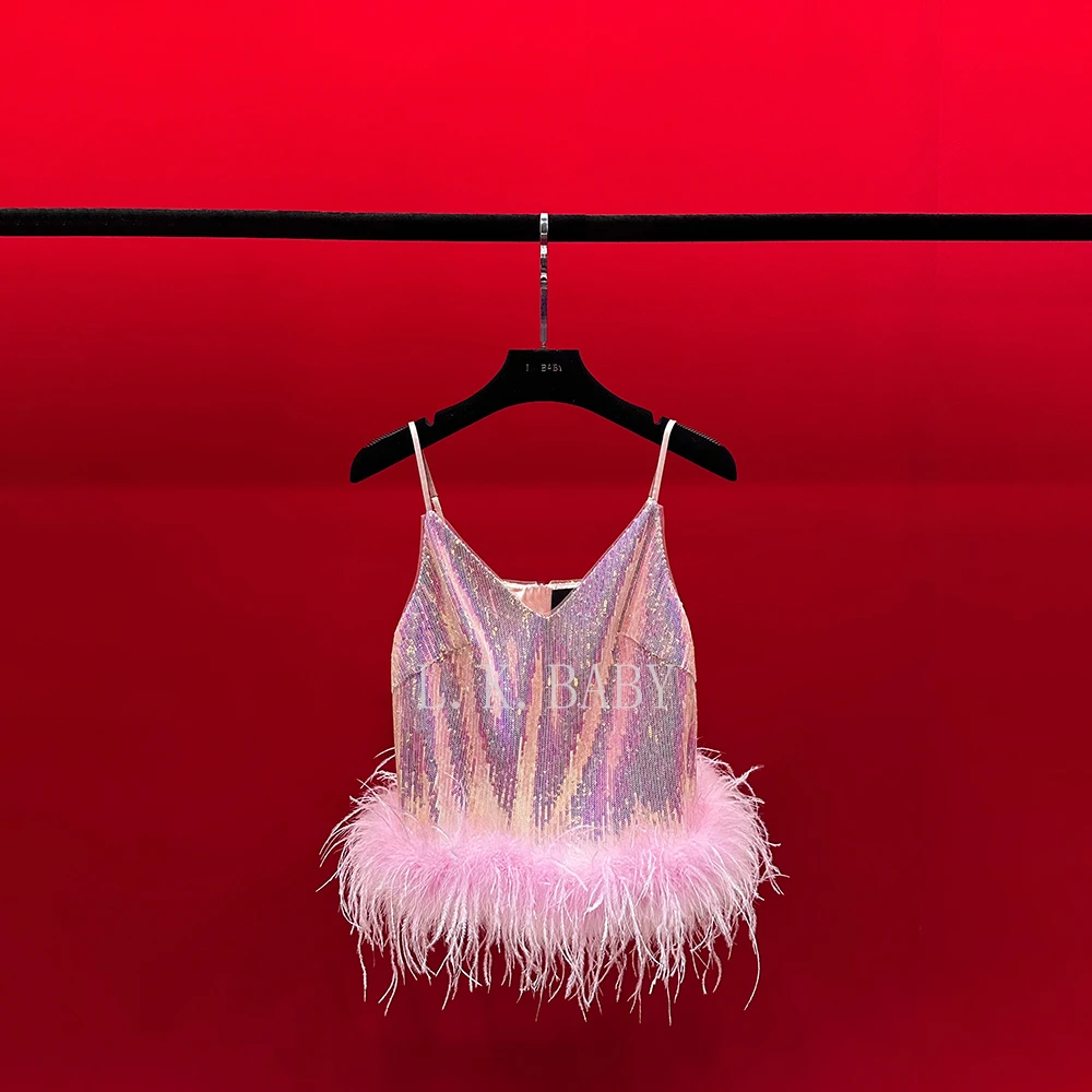 【L.K.BABY】虞姬公主A  时尚轻奢浪漫人鱼姬水晶亮片吊带羽毛背心