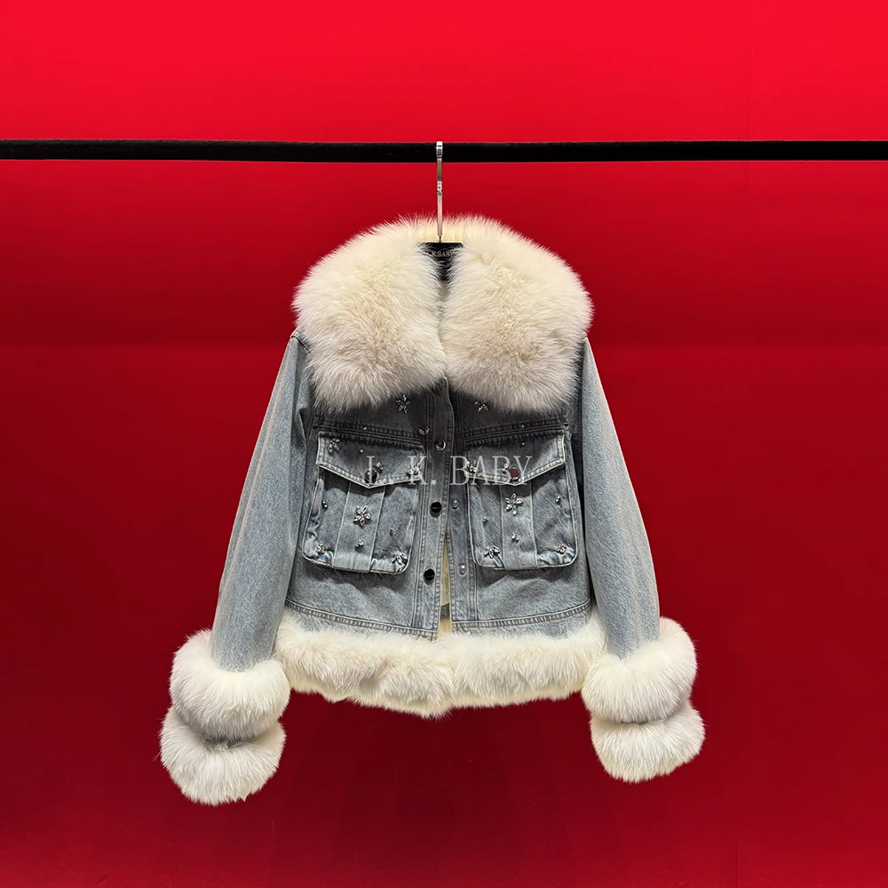 【L.K.BABY】白富美 Couture重工流苏水钻拼接翻领明线牛仔毛毛外套