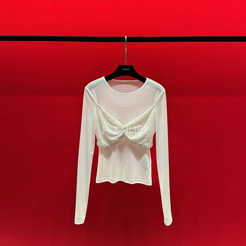 【L.K.BABY】真嘟闪闪  fashion纯欲设计感褶皱亮片冰透衫时尚百搭