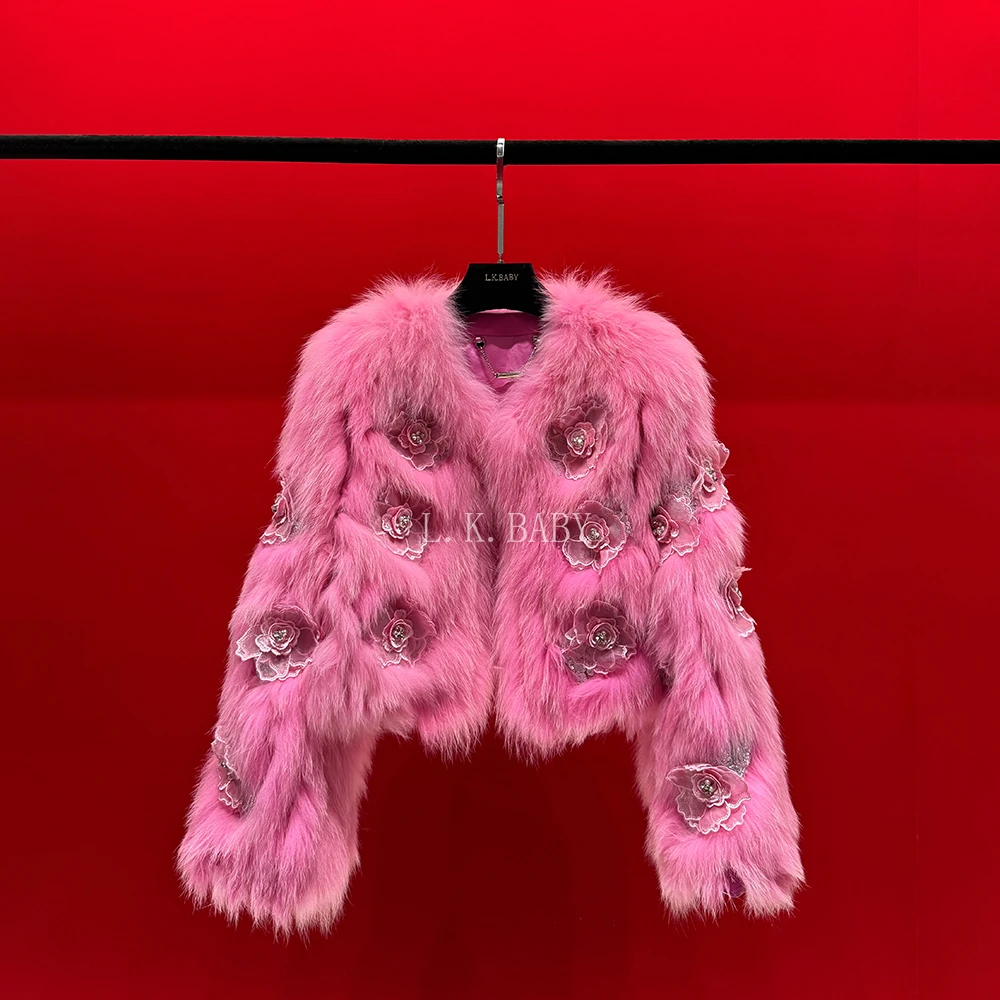 【L.KBABY】东方紫罗粉 气质轻奢旖旎水钻蕾丝花朵双面编织草草外套
