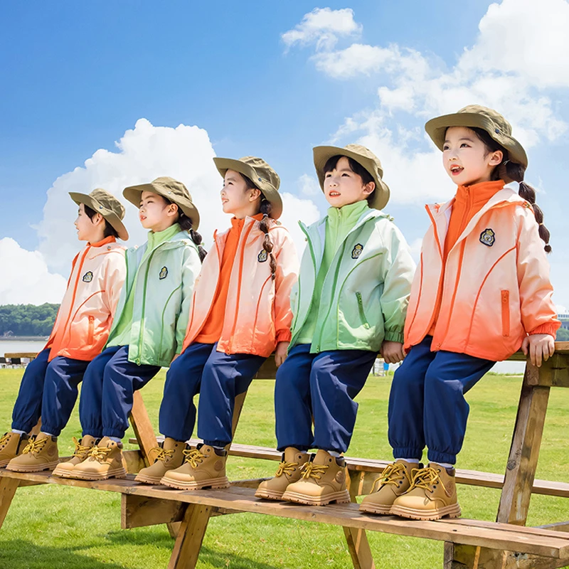 小学生渐变双色校服春秋套装儿童班服加厚运动服三合一冲锋衣套装
