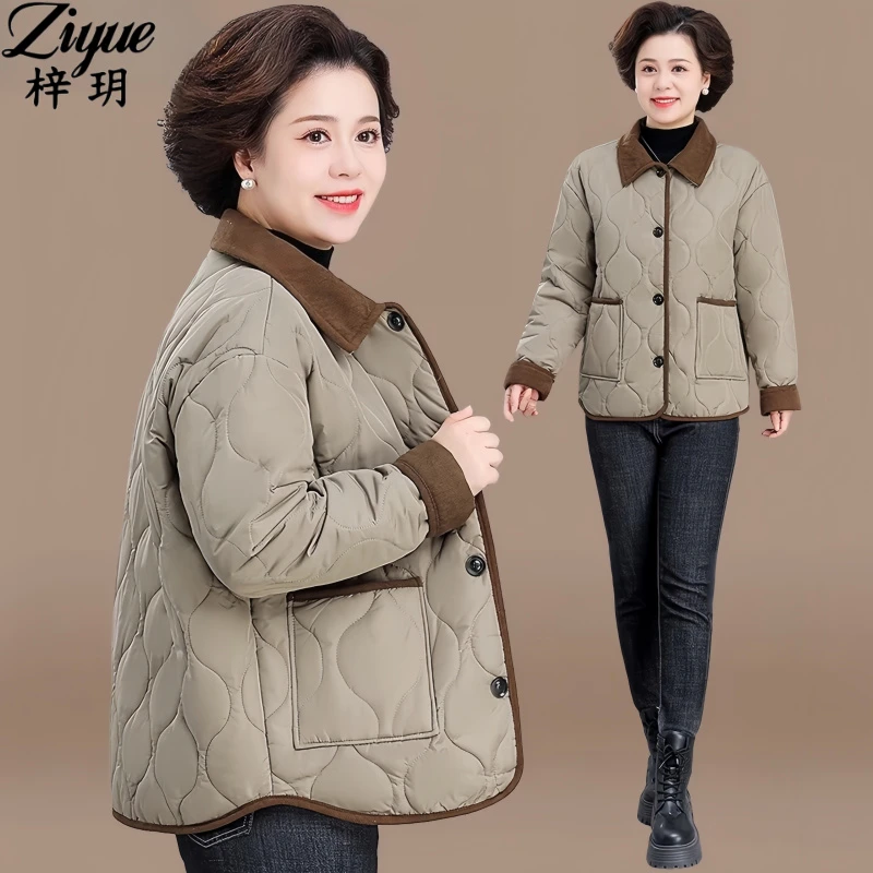妈妈秋冬夹棉棉衣外套2024新款中老年女冬装短款轻薄翻领保暖棉服