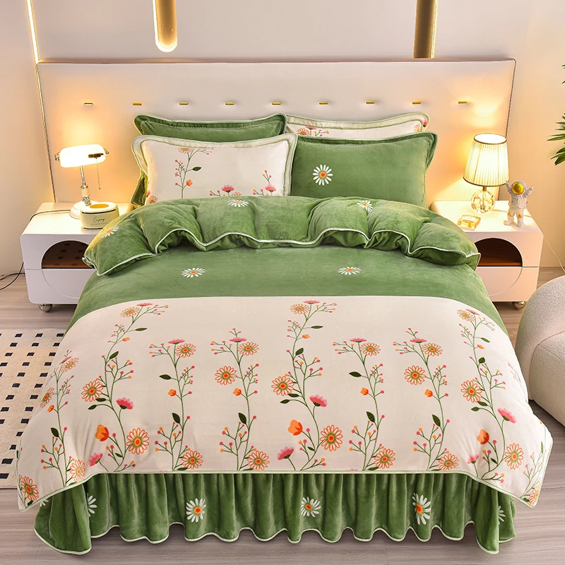 花田梦8-9斤高克重加绒加厚高端牛奶绒四件套高克重保暖床裙款