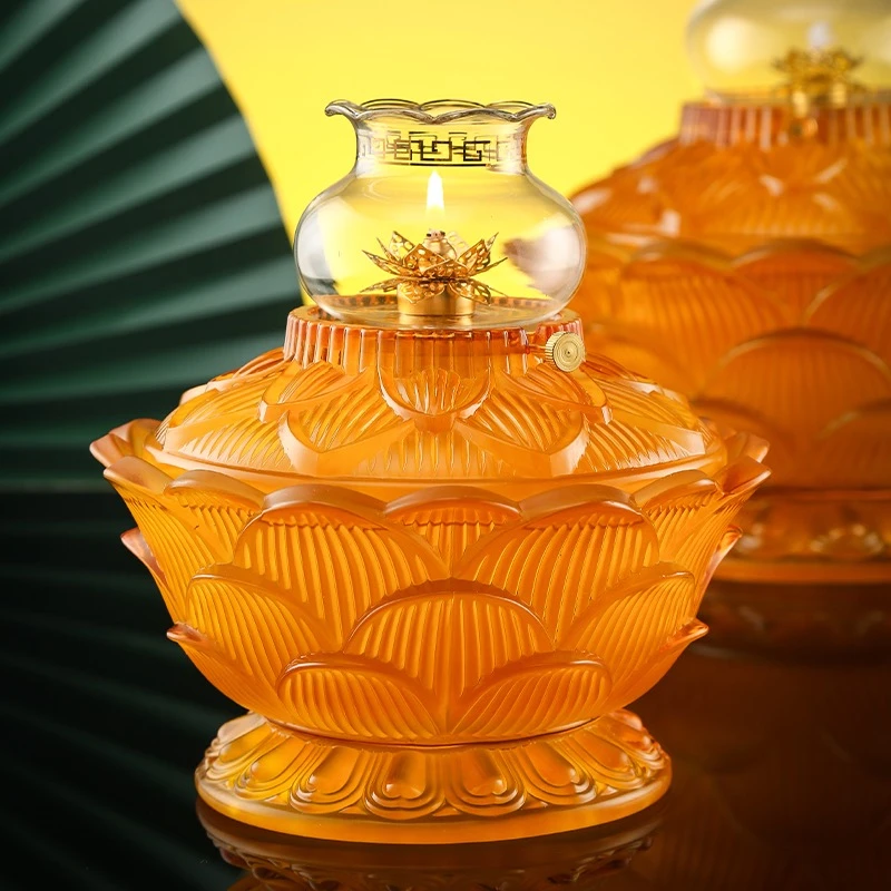 水晶荷花碗琉璃防风酥油油灯座15天加厚版
