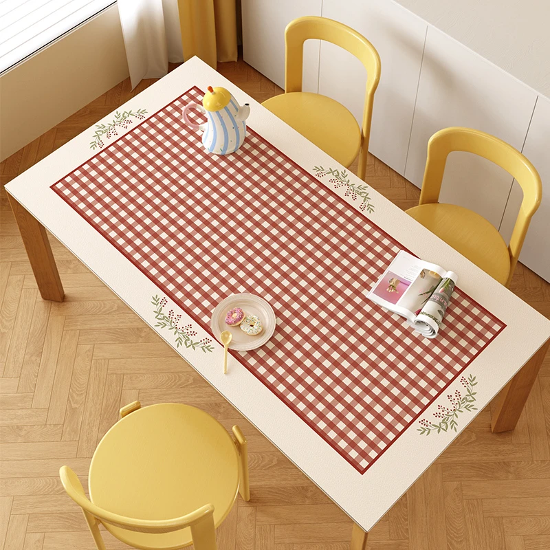 奶油风条纹格子餐桌桌布皮革可擦免洗防水防油茶几台布桌面保护垫