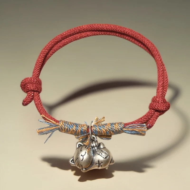 足银布艺手链 纯银躺赢招财猫红绳手链可爱编绳民族风招财猫手串