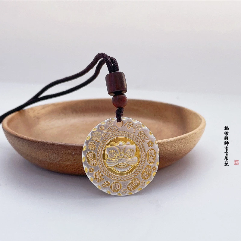 吊坠足银 复古编织古法实心描金足银吉言醒狮黄财神项链吊牌项坠