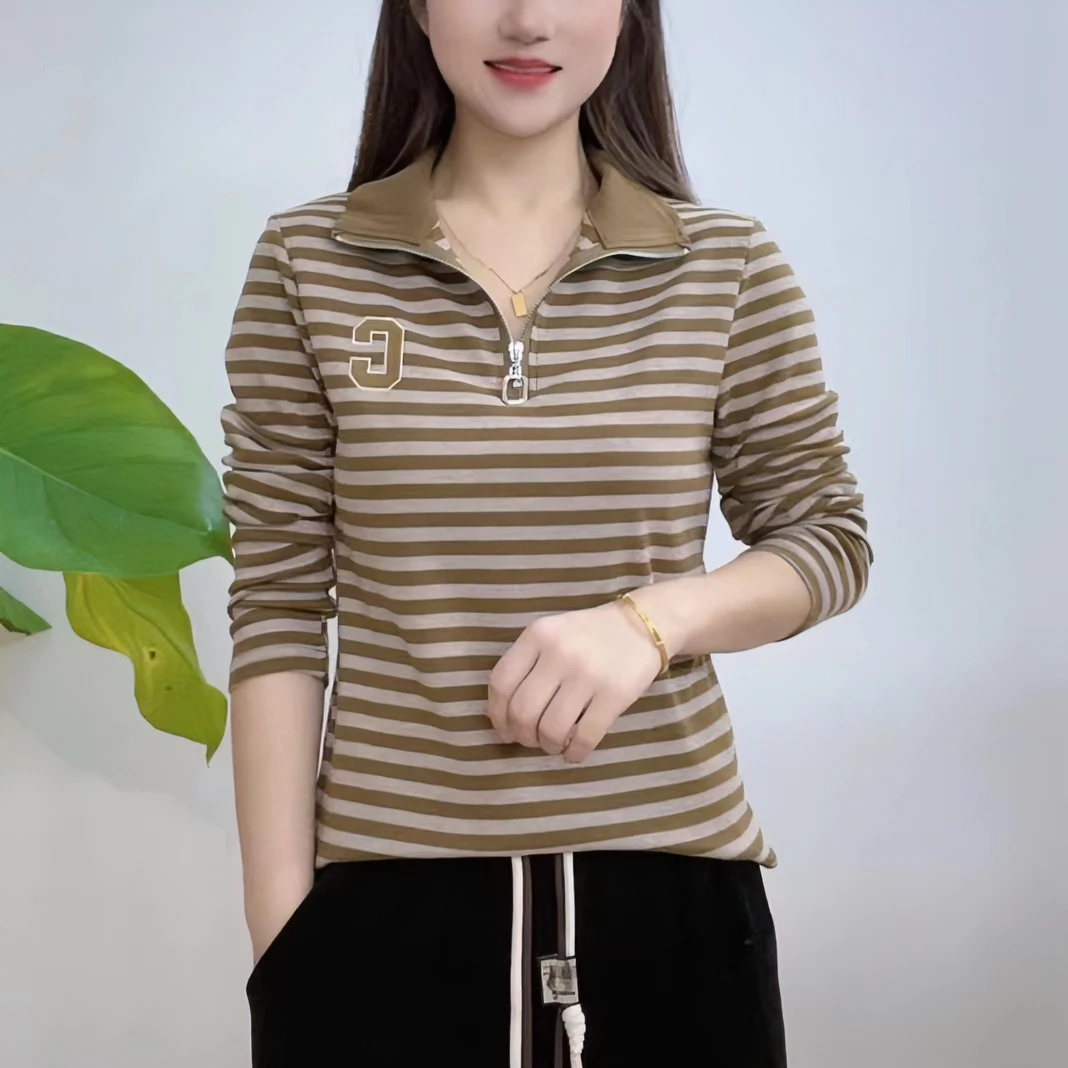 2023春季条纹宽松显瘦大码长袖T恤立领洋气打底衫女士