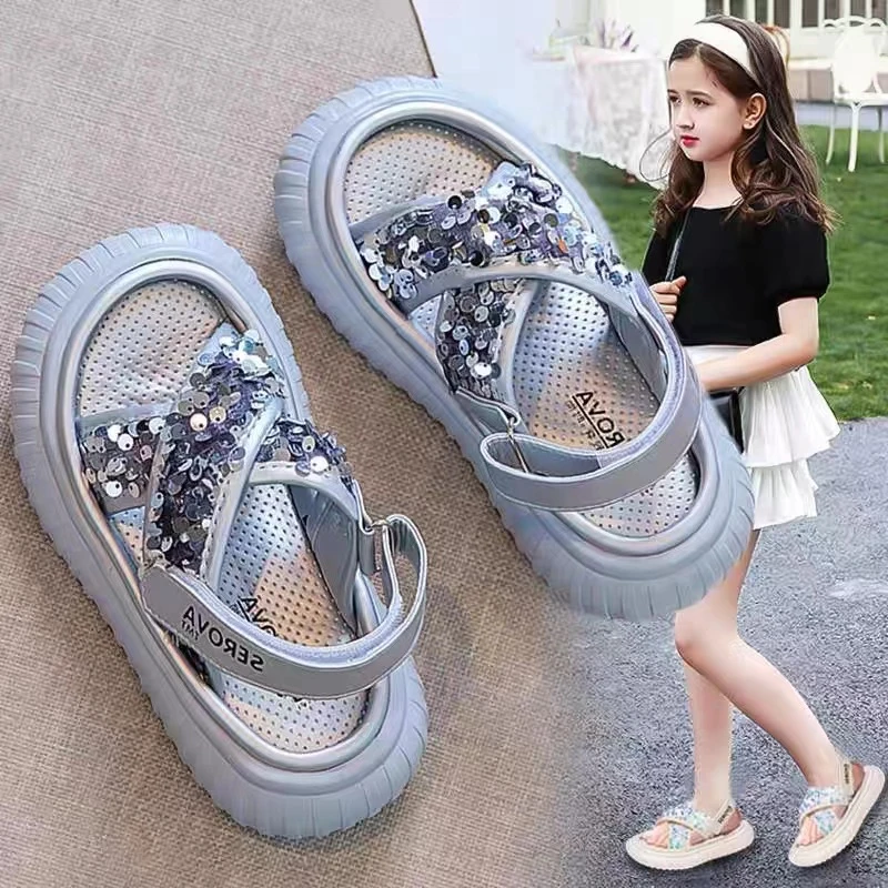 【未来之星】夏季新款儿童凉鞋韩版中大童女童亮片休闲凉鞋