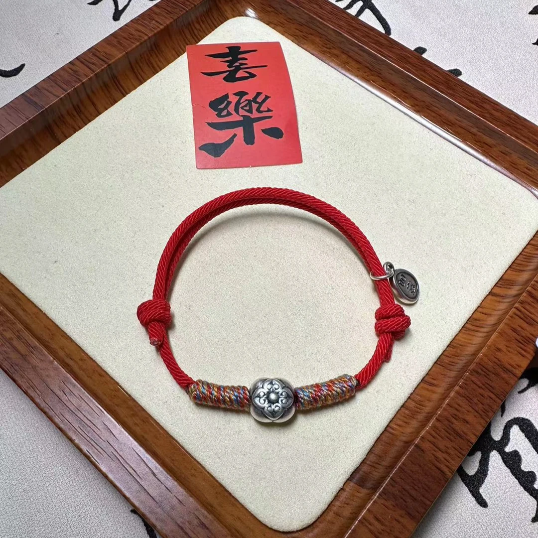 足银布艺手链 复古999纯银柿柿如意手工编织银手绳红绳可调节情侣