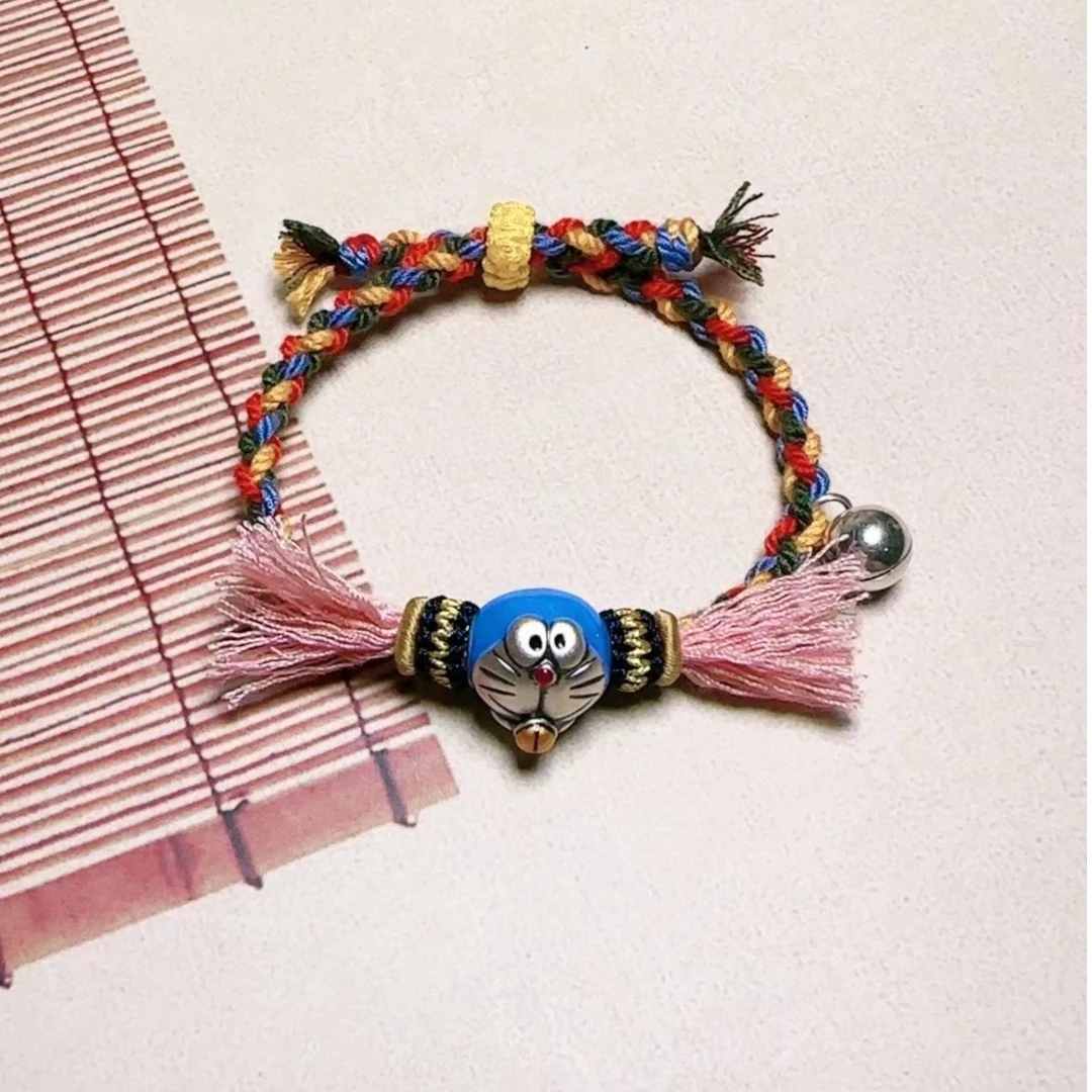 足银布艺手链 999足银 彩色机器猫叮当猫哆啦A梦棉绳女生手链手绳