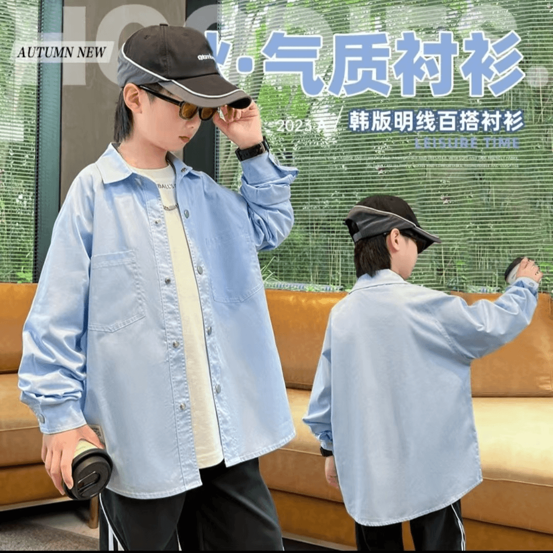 【杨少华服饰2号】男童口袋衬衫2023秋季新款宽松纯色衬衣23473