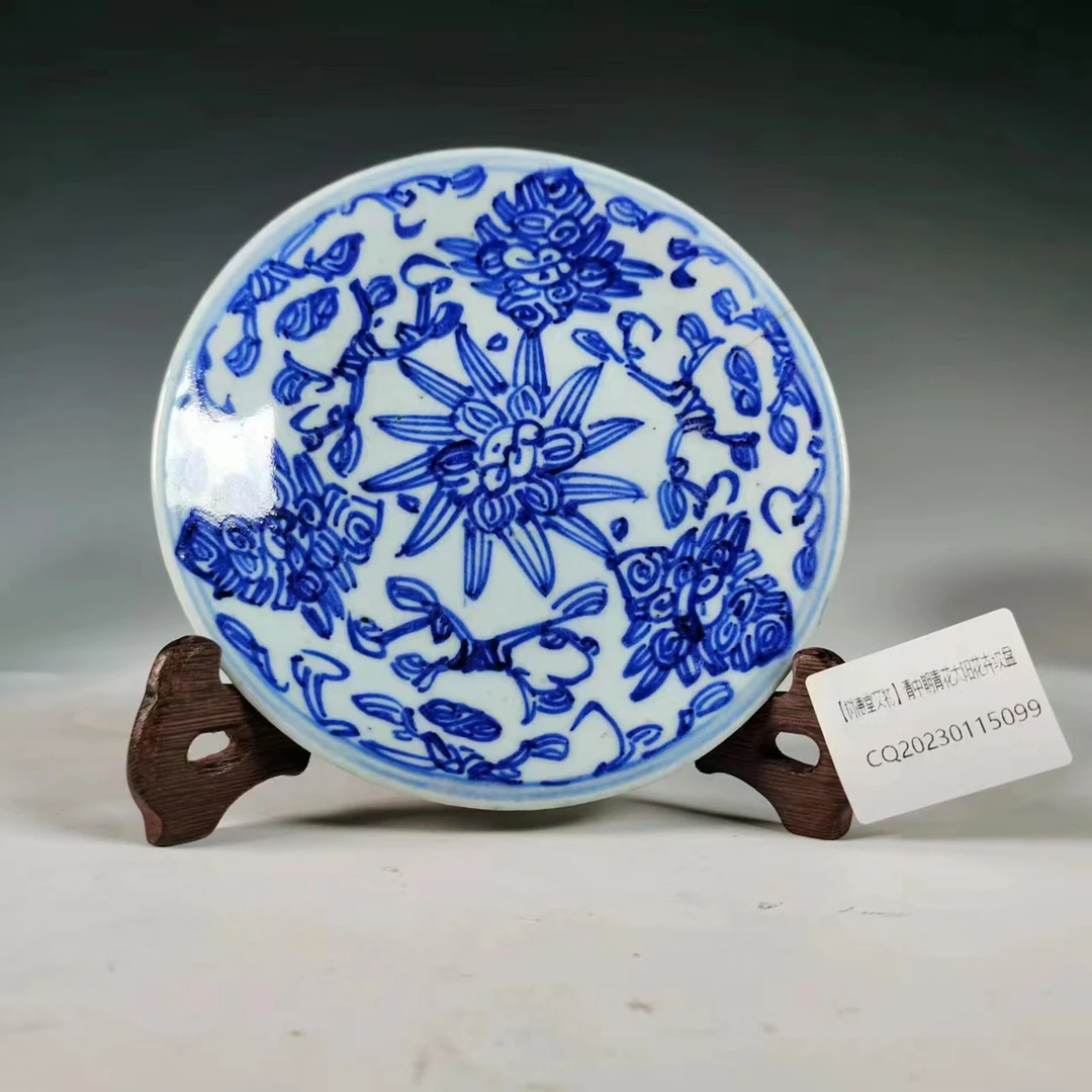 【树德堂文物】清中期青花太阳花卉纹盘CQ20230115099