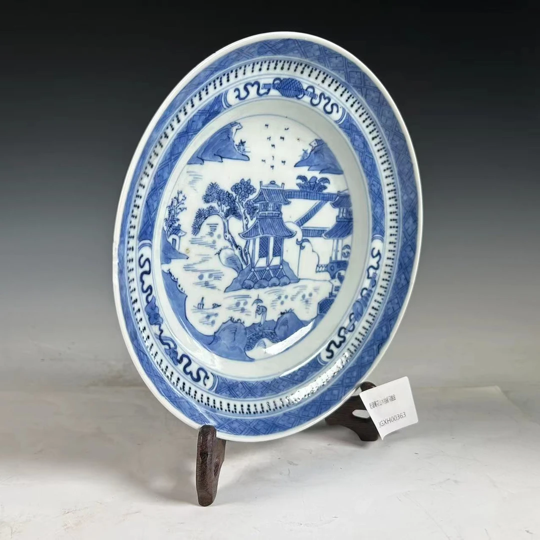 乾隆青花山水楼阁深腹盘JGXH00363