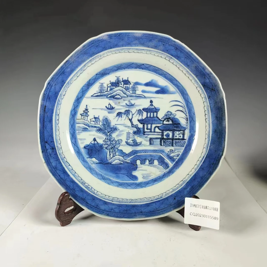 【树德堂文物】乾隆青花山水楼阁盘CQ20230115589