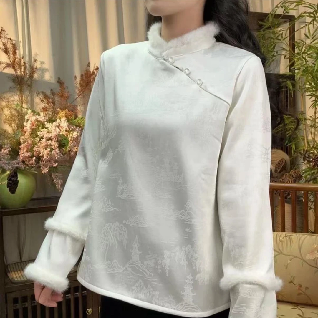 秋冬季立领加绒加厚女新中式长袖上衣2024C6678—瑶瑶