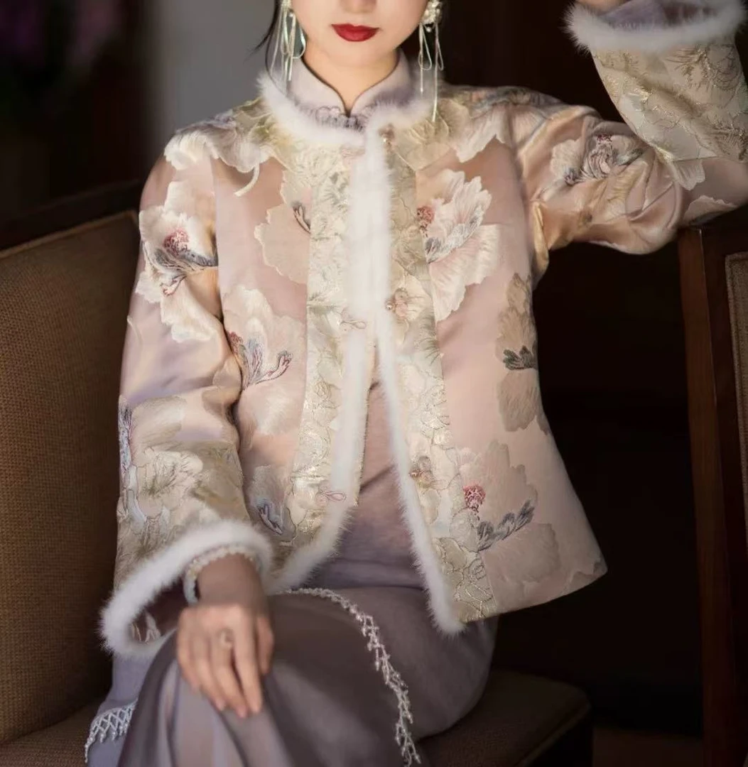 中国风秋冬夹棉唐装女新中式倒大袖保暖棉服2024D3349瑶瑶