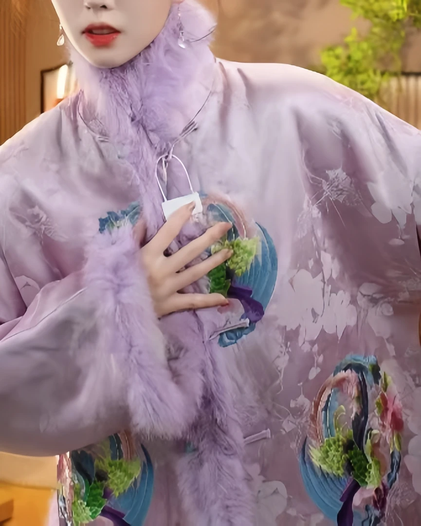 （贵人紫）毛领新中式冬款夹棉加厚重工刺绣上衣2024D1907-瑶瑶