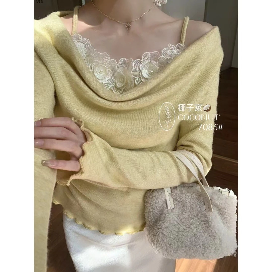 假两件正肩针织衫女秋冬一字荡领露肩遮肚内搭不规则打底衫上衣女