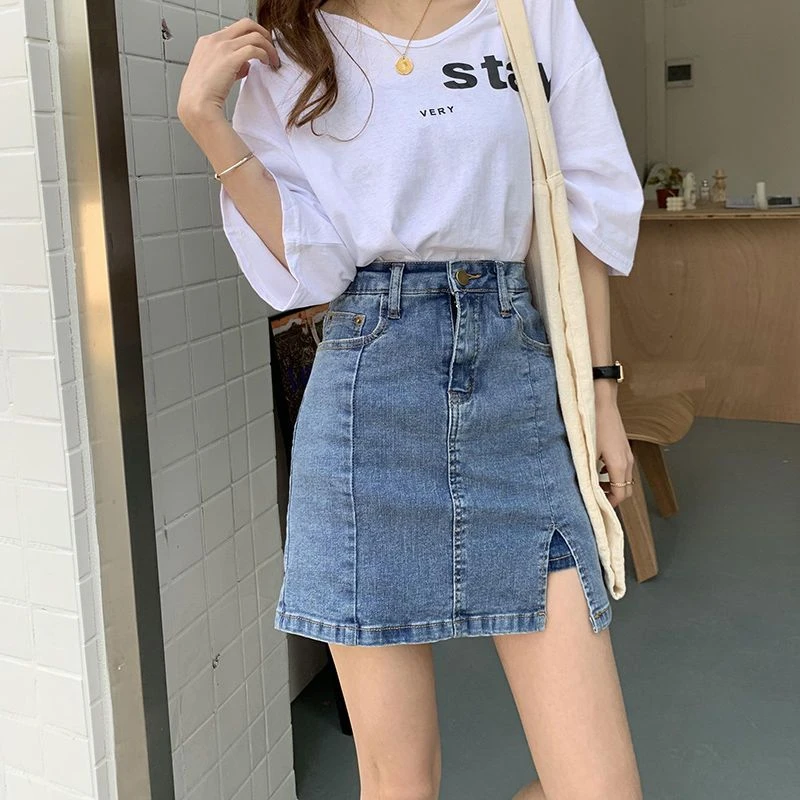 牛仔短裙女夏季2024新款爆款半身裙高腰裤裙弹力辣妹包臀开叉裙子