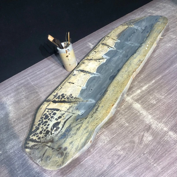 【石有画】广西国画石草花石茶盘（湿泡台）：93×27×3
