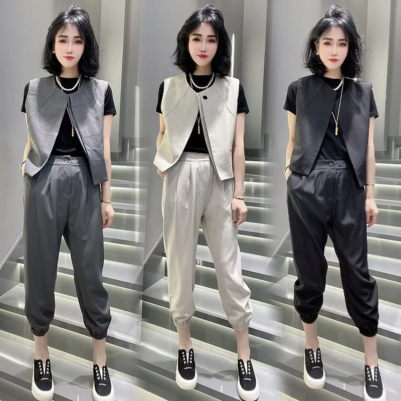 网红时尚爆款马甲套装女秋夏季新款百搭无袖马甲休闲束脚裤两件套