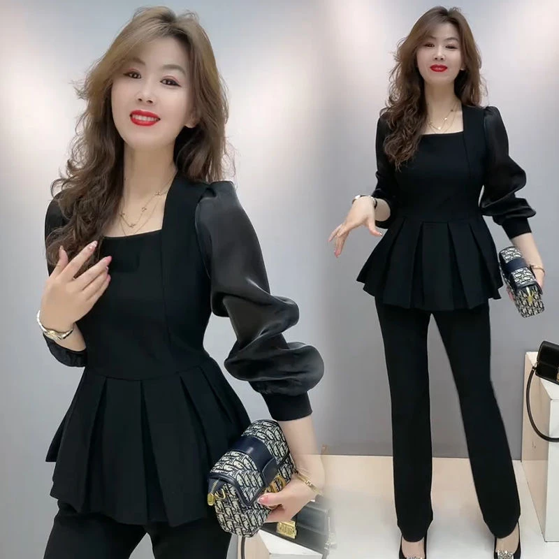 时尚爆款洋气黑色套装春秋季拼接荷叶边显瘦上衣+高腰长裤两件套