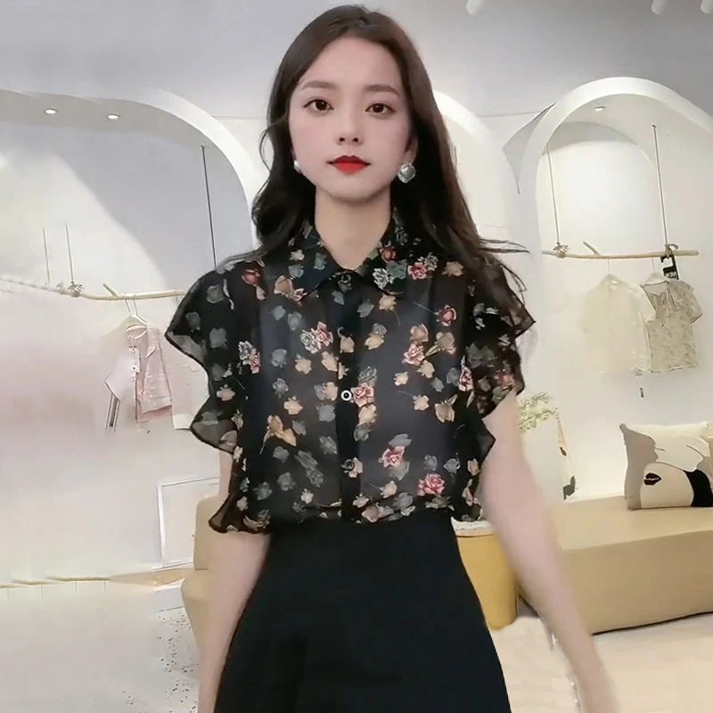 大码女装韩版减龄印花薄款衬衫夏季新款Polo领遮肚百搭飞飞袖上衣