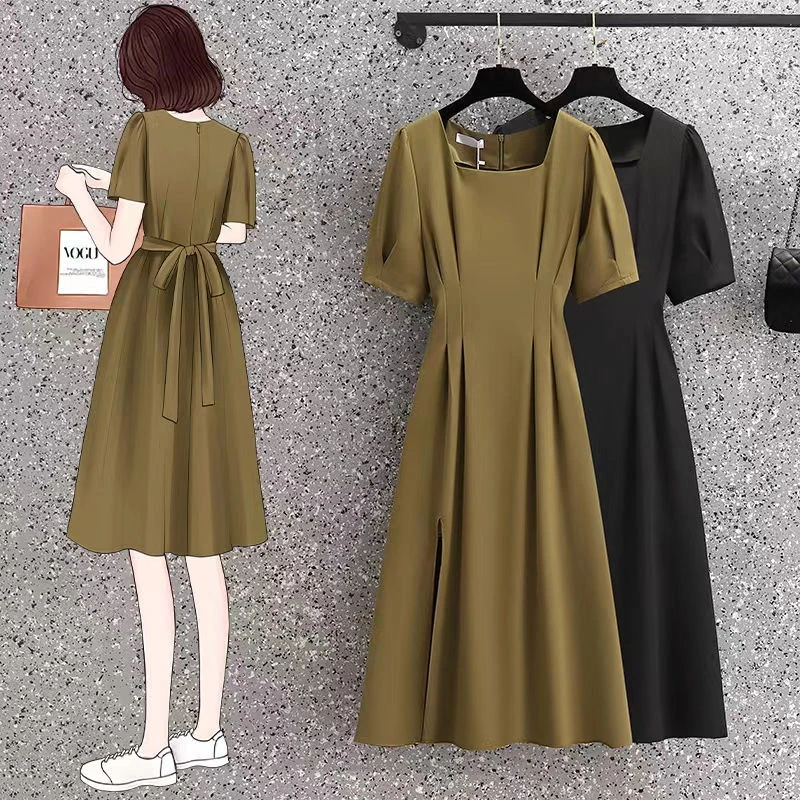 【诺哥专属】韩版显瘦方领连衣裙夏季新款高级感绑带收腰显瘦中长裙