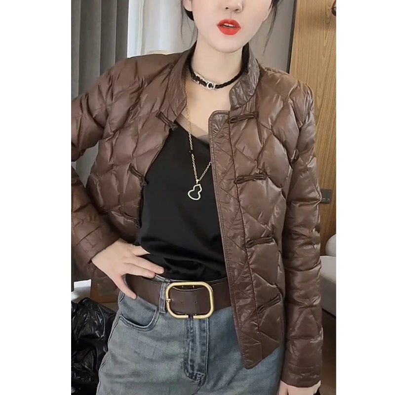 大码女装洋气菱形格薄款棉服秋冬新款圆领单排扣显瘦百搭保暖外套