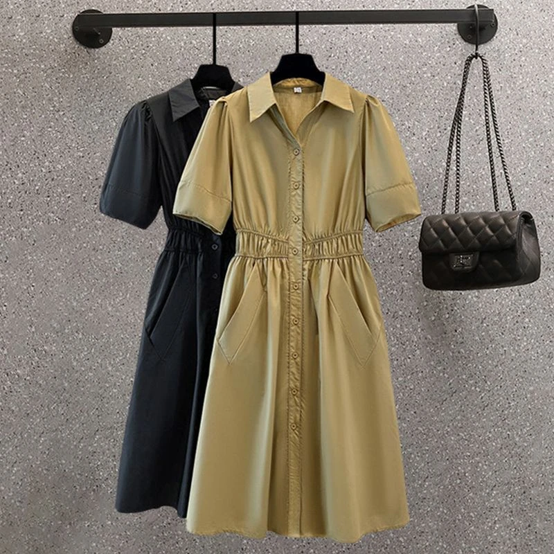 微胖高端气质polo领衬衫裙连衣裙女夏季新款褶皱收腰单排扣中长裙