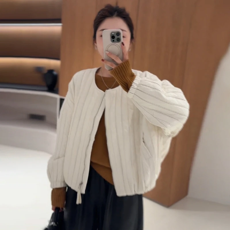 网红同款简约竖条条夹棉短外套冬季气质休闲宽松显瘦小个子棉衣