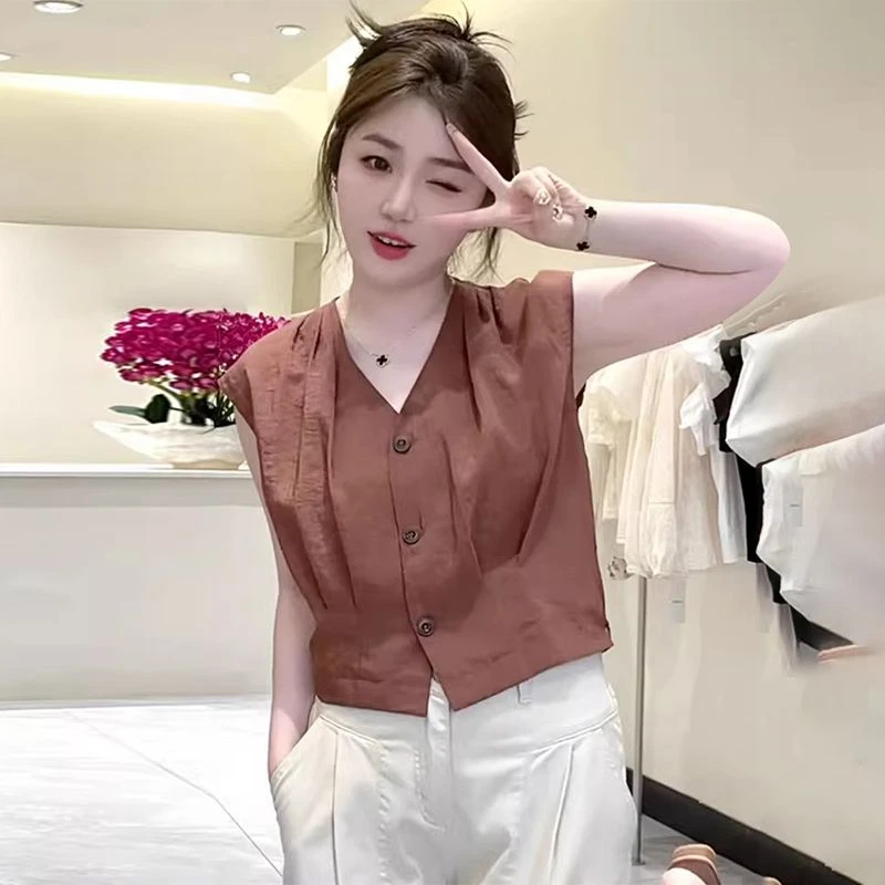设计感气质减龄压褶设计显瘦无袖上衣夏季薄款时尚休闲V领衬衫女