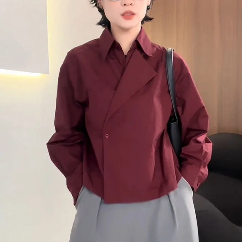 网红爆款时尚气质安可拉红衬衫春秋新款翻领小众设计感遮肉上衣女