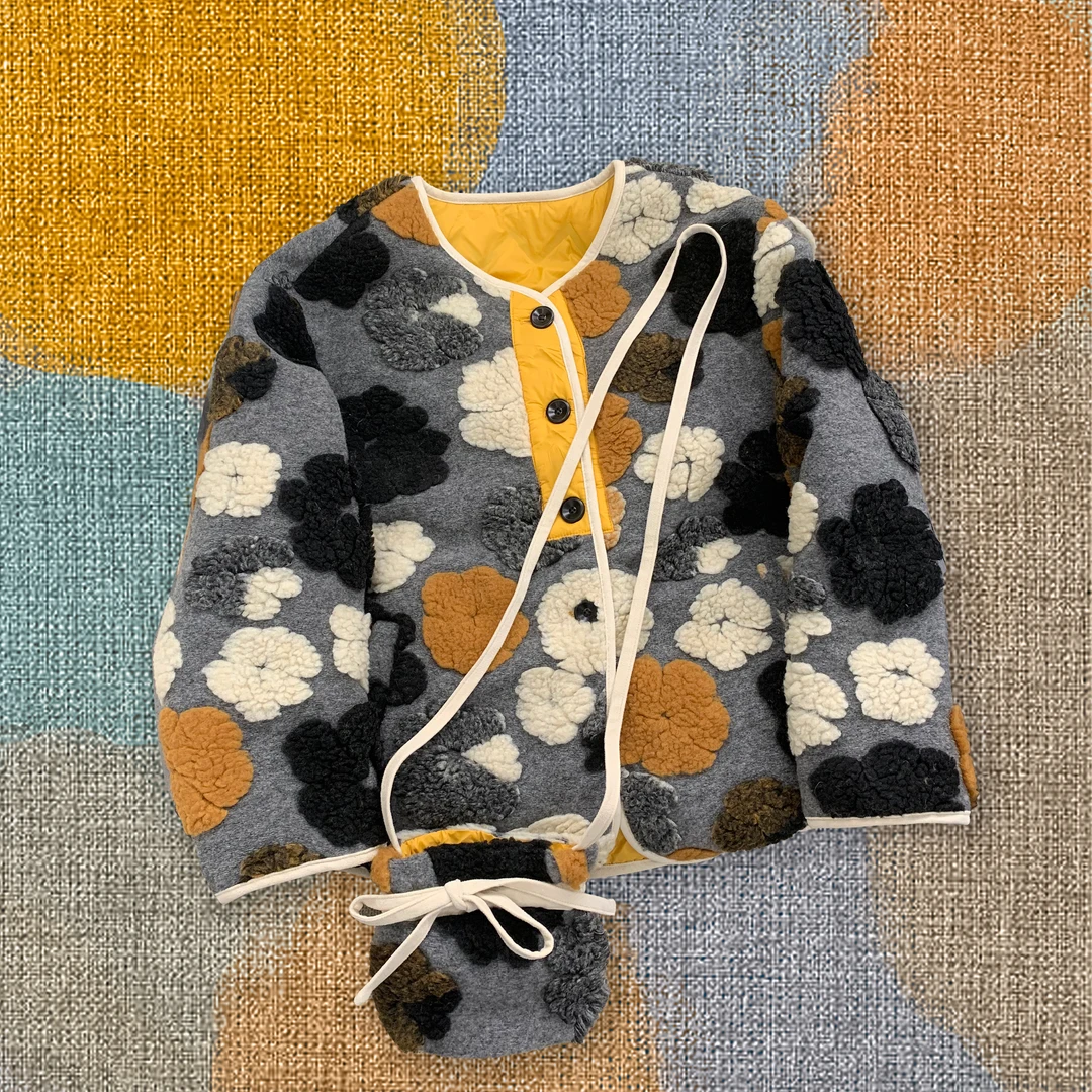 DEZI宝藏衣橱拼色花朵洋气内外两穿舒适女白鸭羽绒服LS8176088