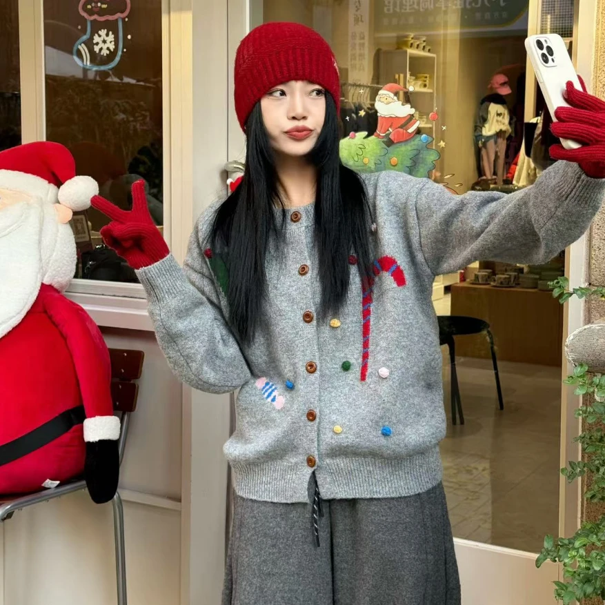 DEZI圣诞氛围礼物刺绣图舒适百搭女毛衣开衫LS1365088