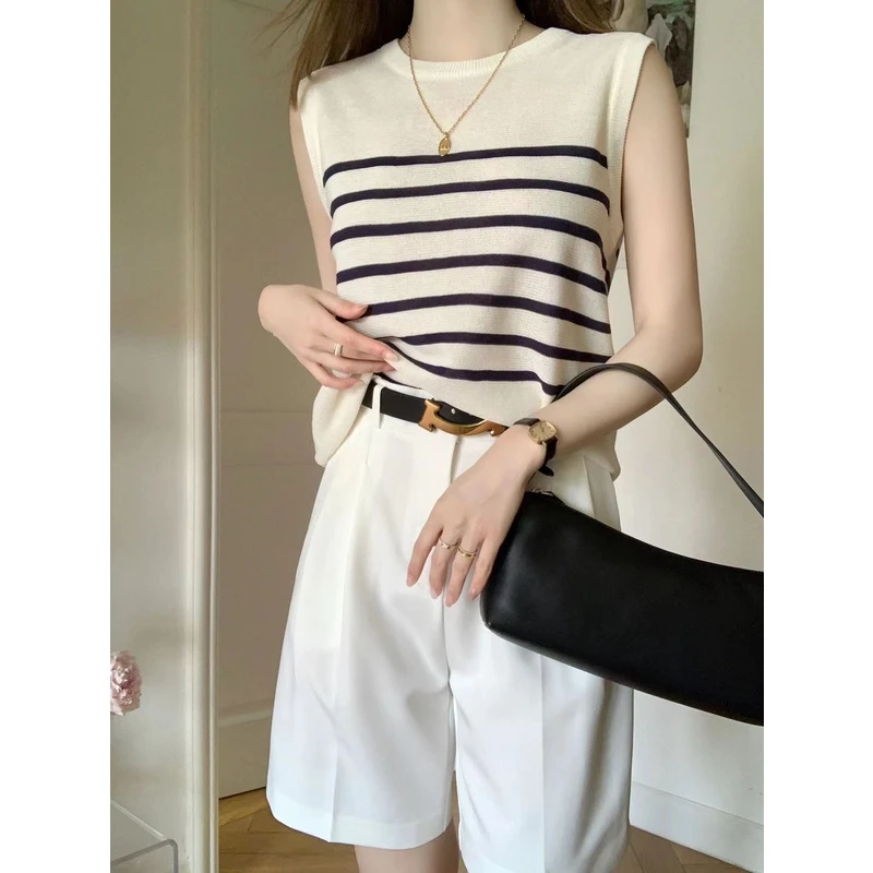 法式条纹冰丝无袖针织小背心女夏季外穿辣妹内搭打底正肩t恤上衣
