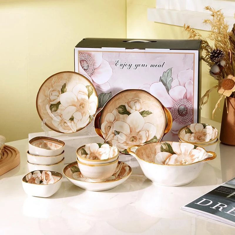 【山茶花四人食礼盒装】高温陶瓷餐具家用餐具组合套装精装礼盒