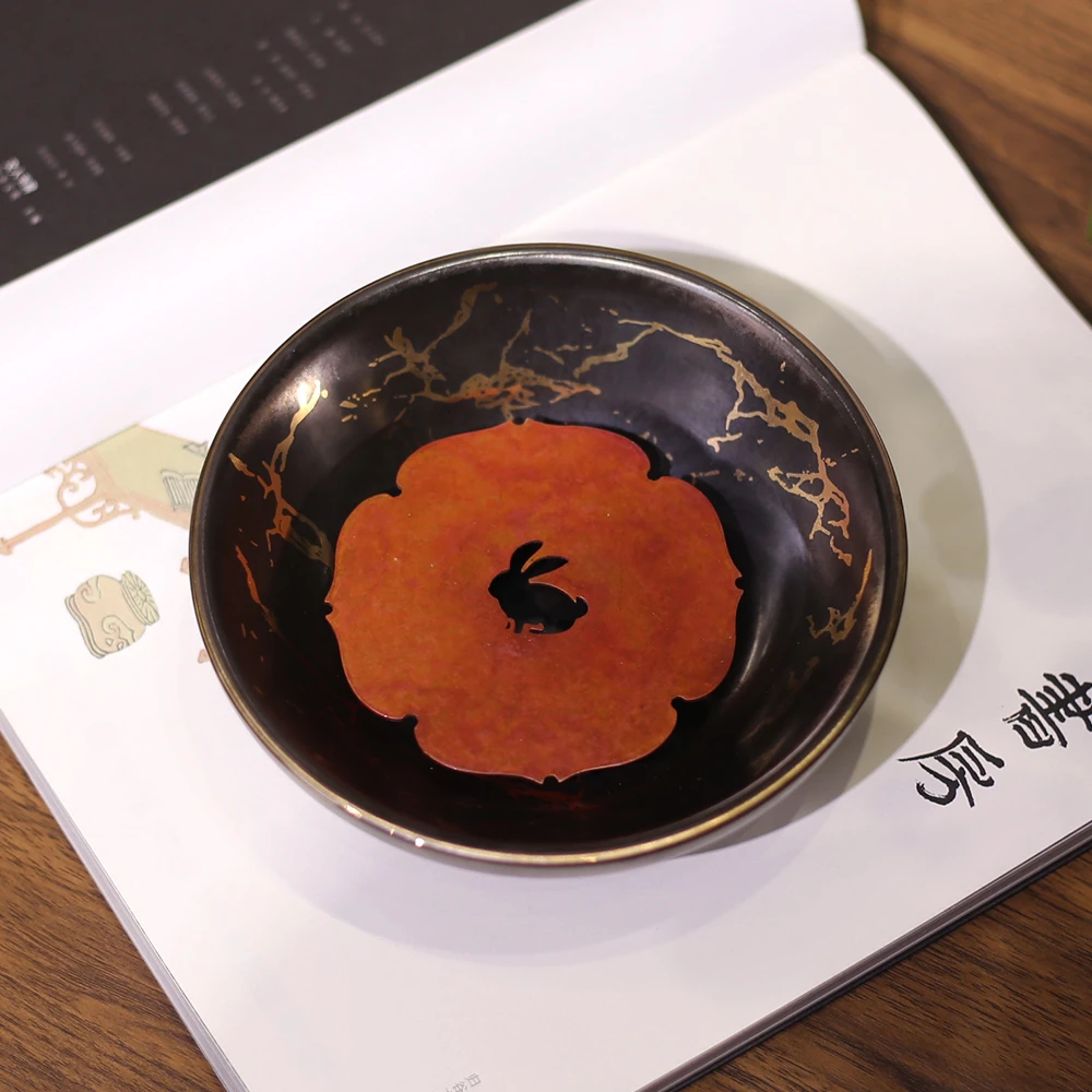 禾山居鎏金纹黑色干泡壶承陶瓷手工茶台纯铜玉兔小茶托盘茶席摆件