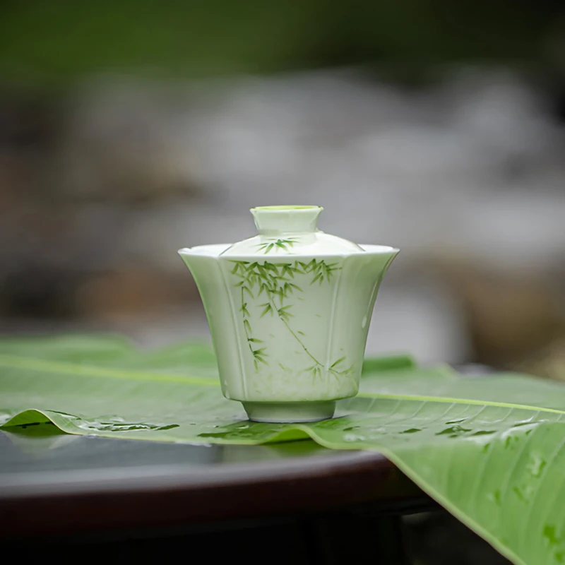 手工手绘竹子淡绿色釉下彩单盖碗功夫茶具家用花口葵口创意泡茶碗