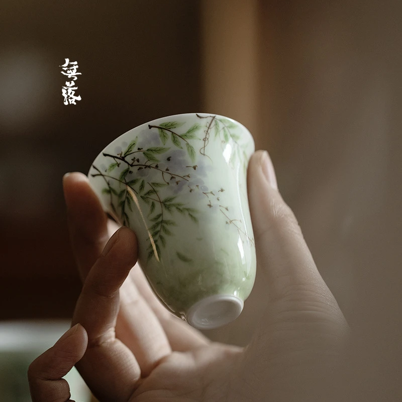 无落釉下彩手绘紫藤花主人杯景德镇陶瓷单茶杯功夫茶具家用品茗杯