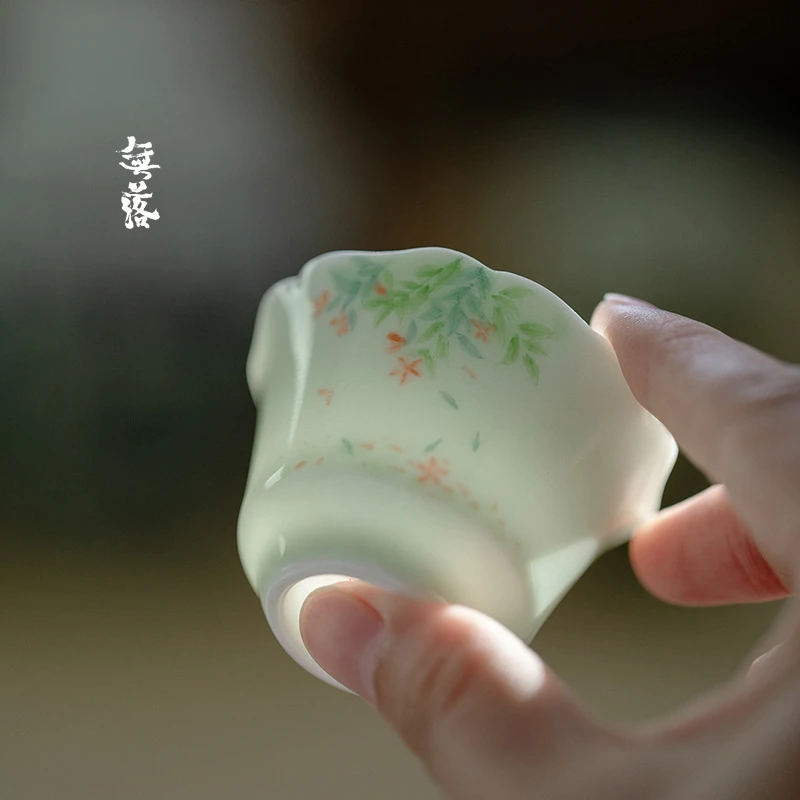 无落釉下粉彩落花秋瑞茶杯功夫茶具小茶杯家用品茗杯薄胎单主人杯