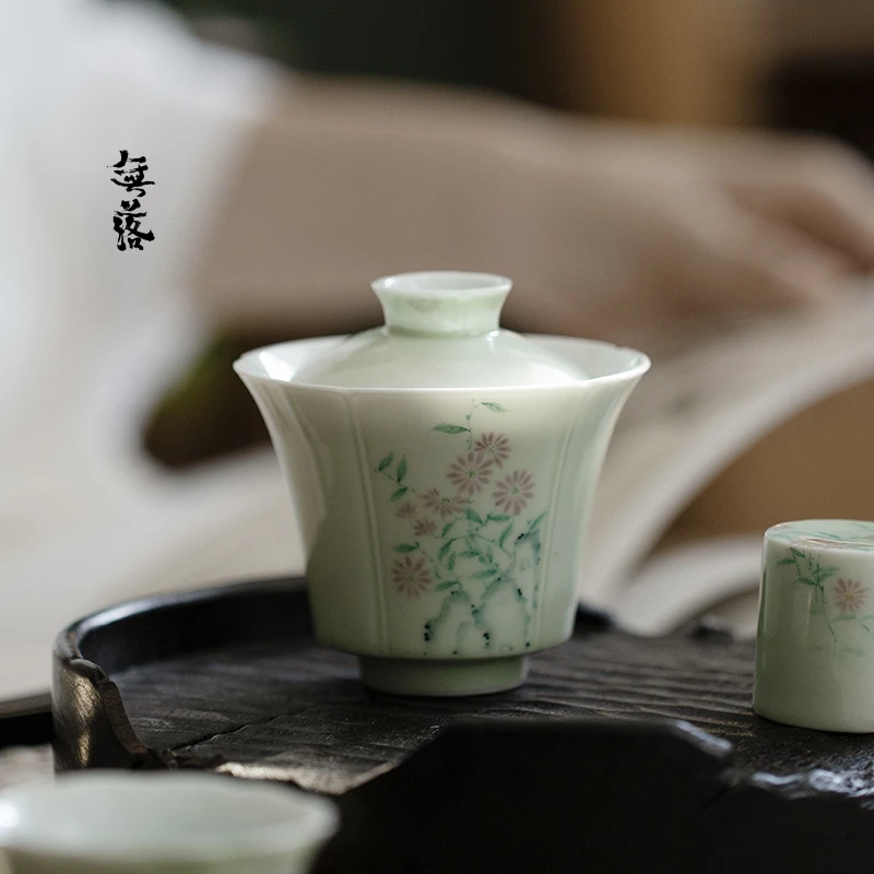无落釉下彩手绘小雏菊花瓣盖碗景德镇瓷家用手工两才泡茶碗品茗杯