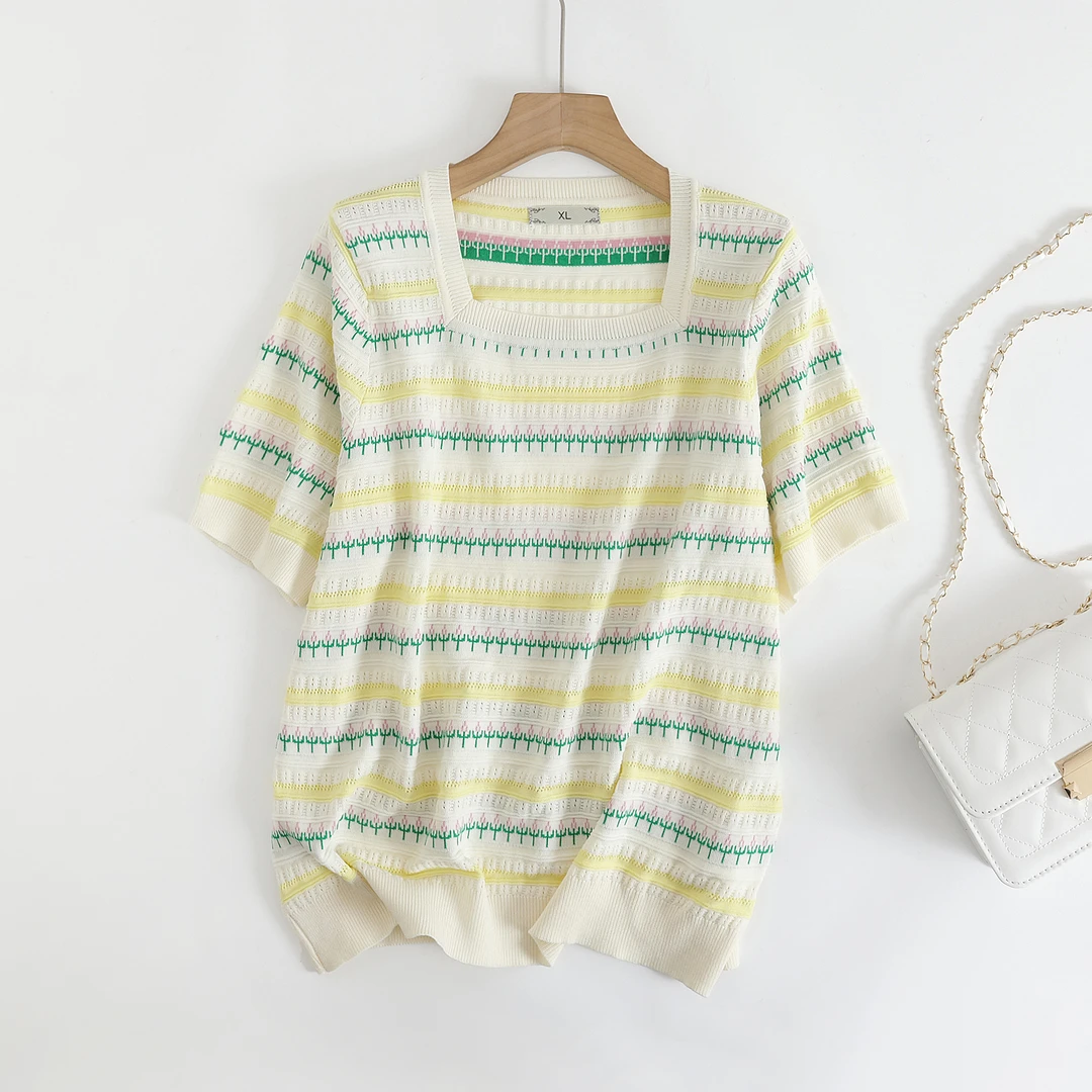 高定新款冰丝显白显瘦百搭气质夏季短袖针织衫加大码