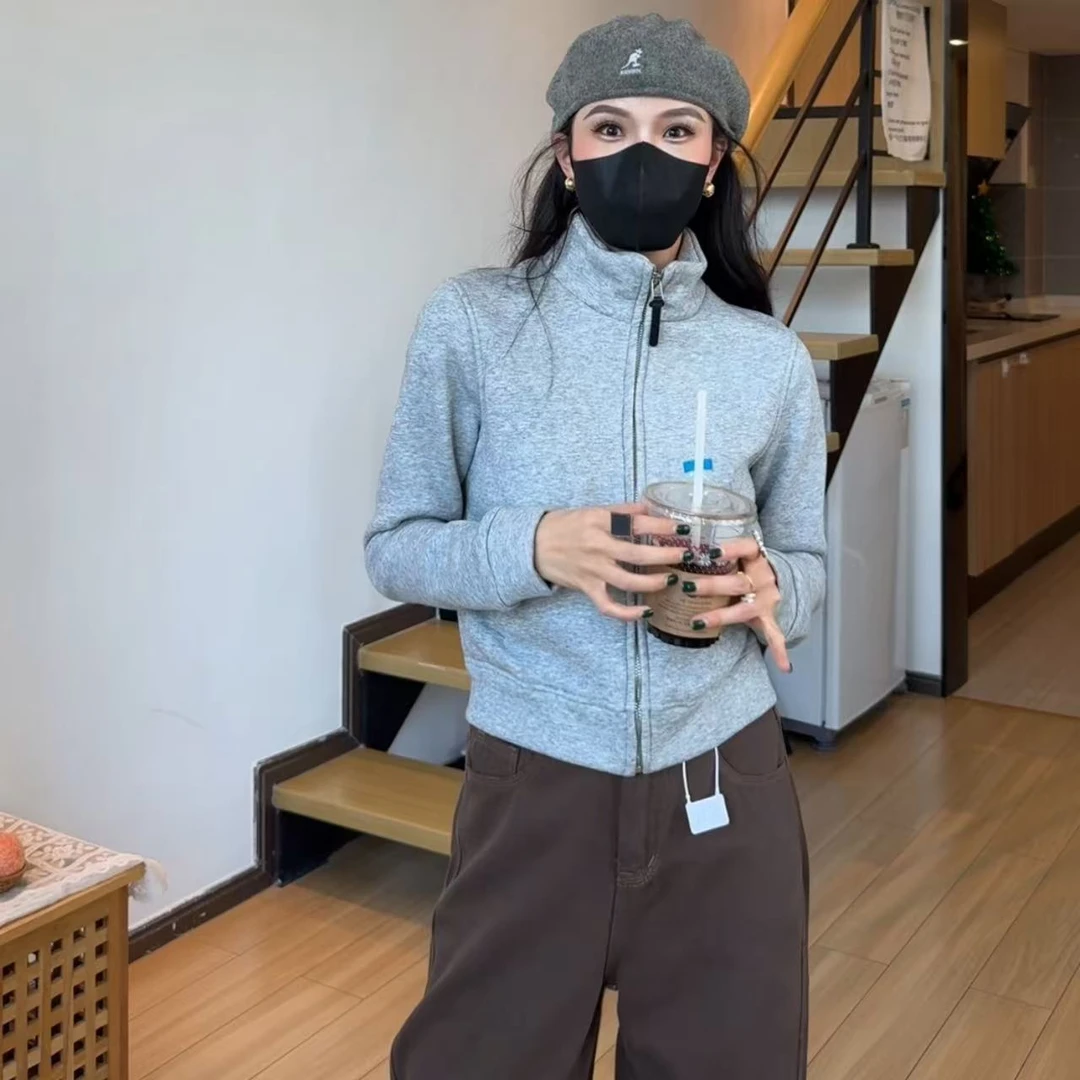 小个子定制-160150高品质简约加绒立领卫衣百搭显瘦休闲短款外套